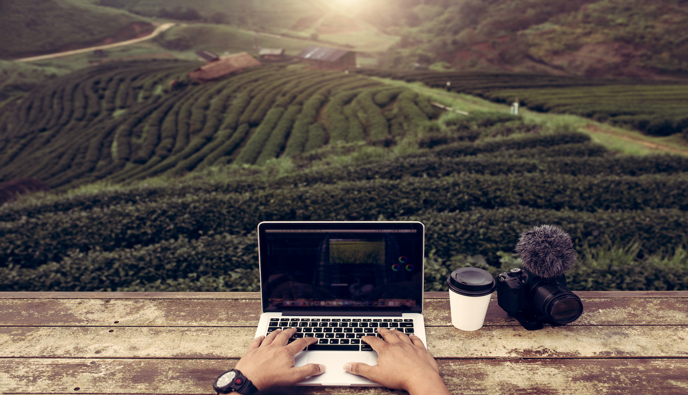 Top view creator or editor working use on laptop outdoor in green tea fields this is lifestyle of vlogger